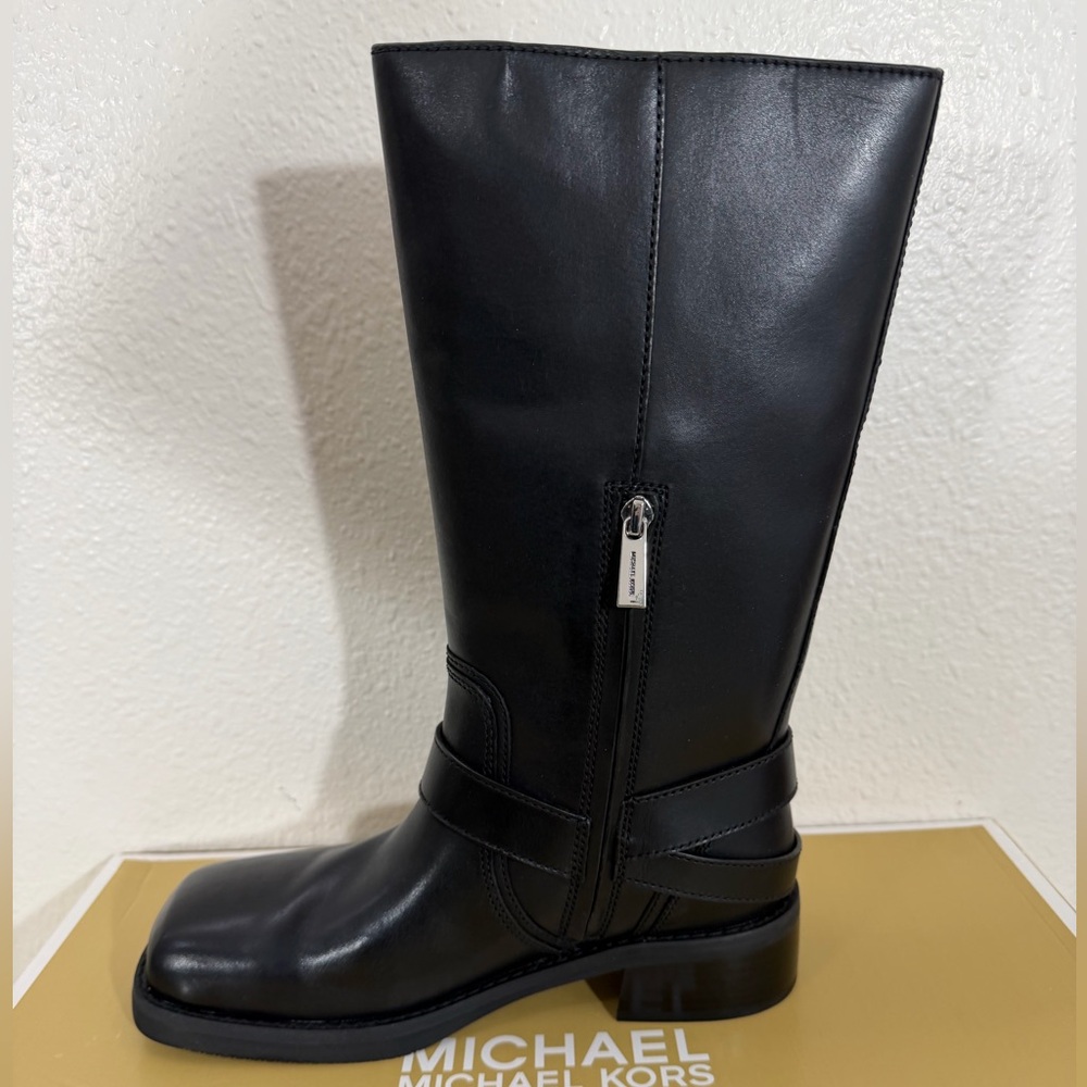 Michael Kors Crosby Black Leather Moto Boots Harness Buckle, Square Toe NIB - Picture 10 of 16